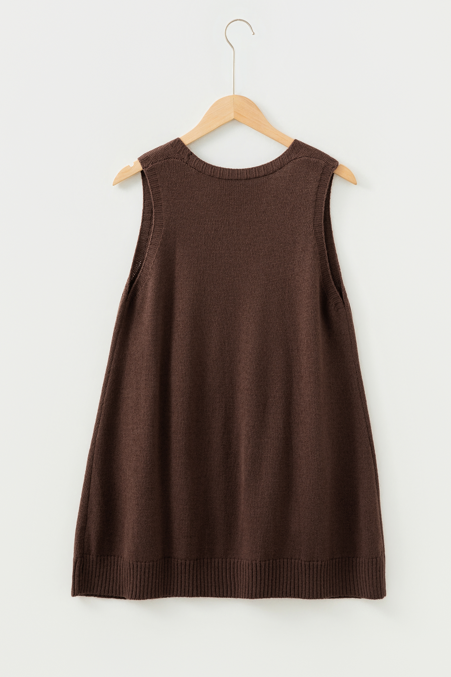 Dark Brown Ribbed Deep V Neckline Front Pocketed Loose Tunic Sweater Vest - loveforevers