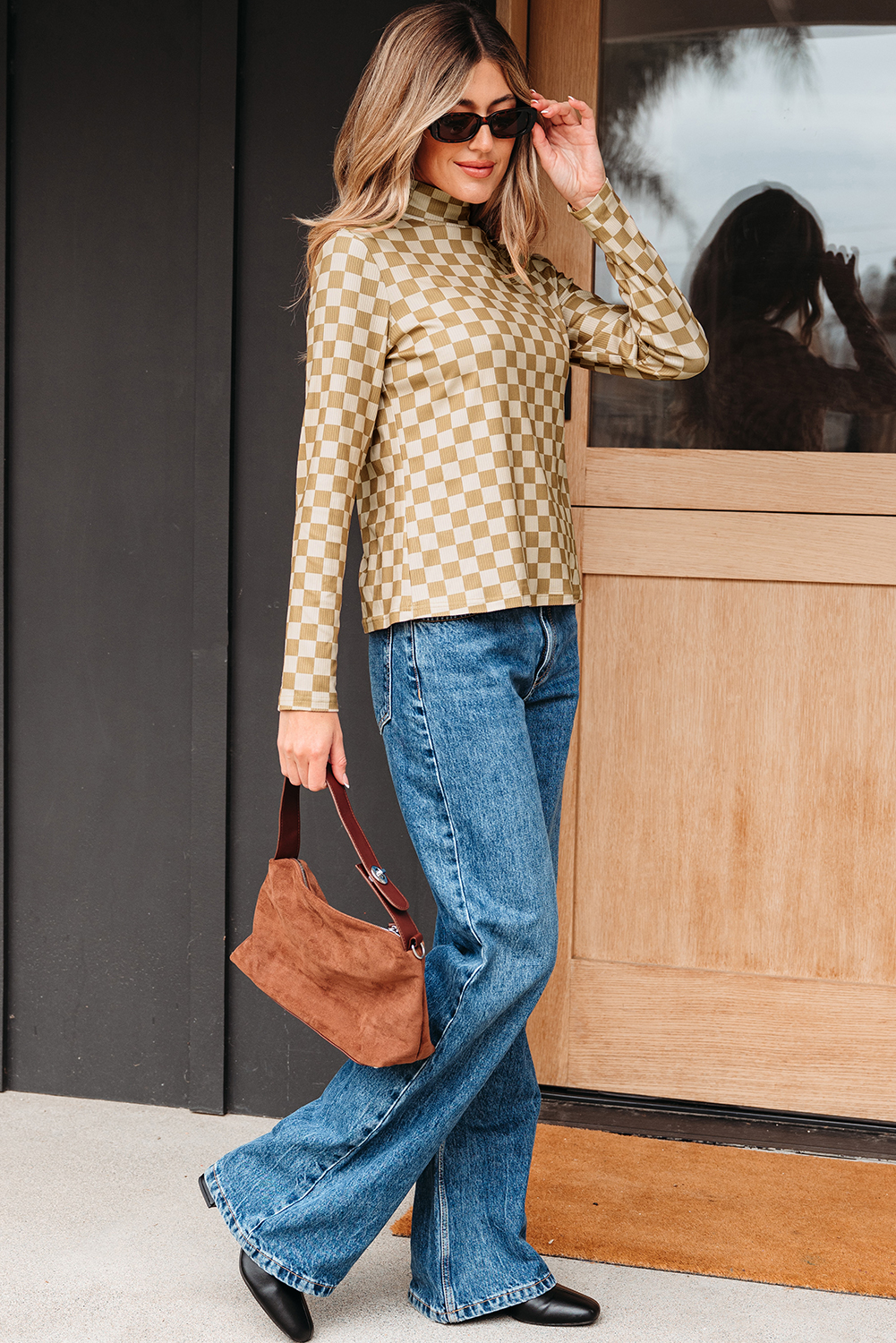 Khaki Check Pattern Turtleneck Ribbed Slim Long Sleeve Tee - loveforevers
