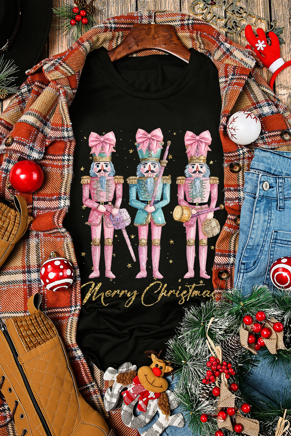 Black Nutcracker Merry Christmas Printed Crewneck T Shirt - loveforevers