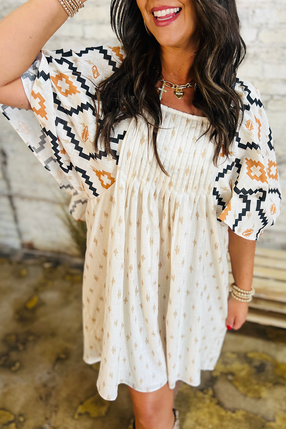 Beige Western Aztec Print Pleated Square Neck Loose Mini Dress - loveforevers