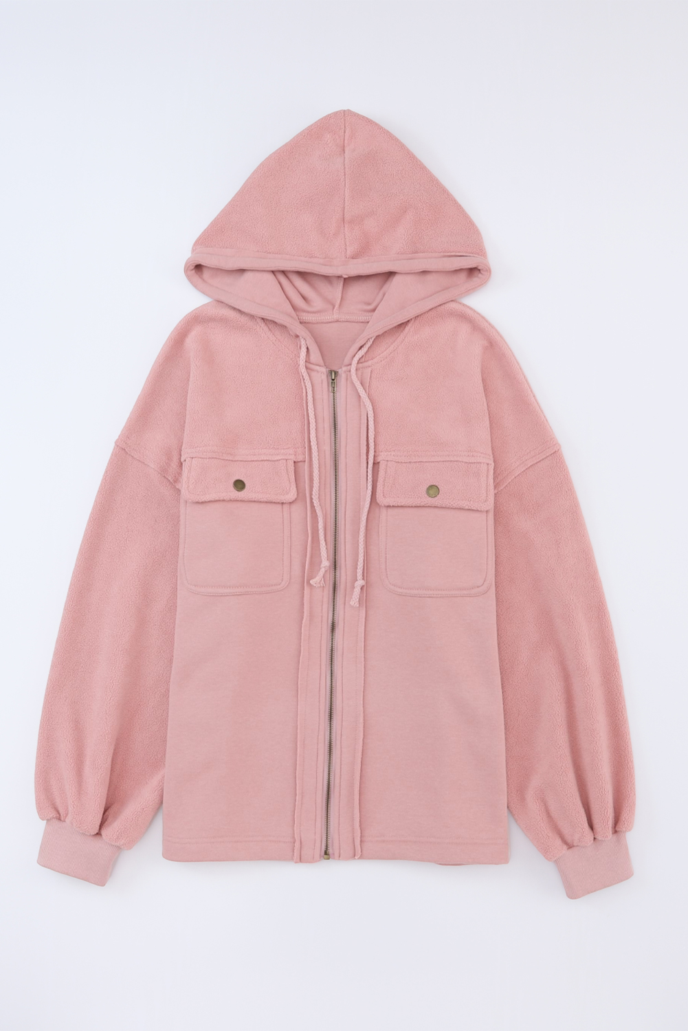 Pink Flap Pocket Drawstring Hood Zip Up Jacket - loveforevers