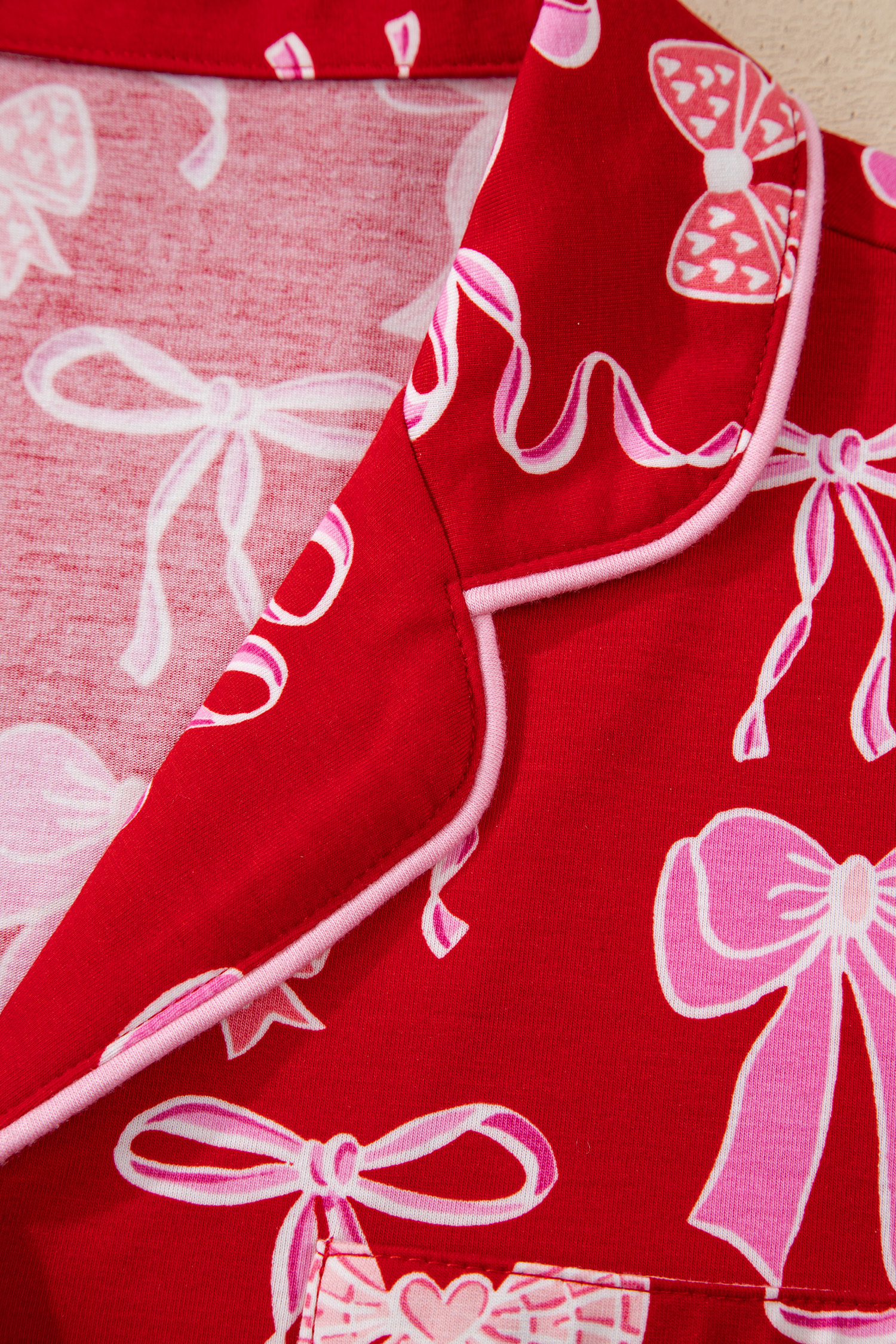 Red Sweet Bow Print Shirt Style Top Long 2pcs Pajama Set - loveforevers