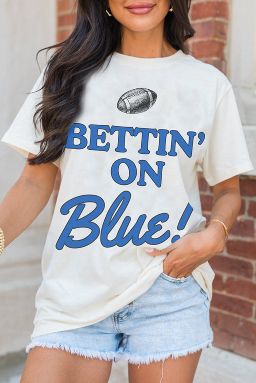 White Rugby Football BETTIN ON Blue Graphic Crewneck T Shirt - loveforevers