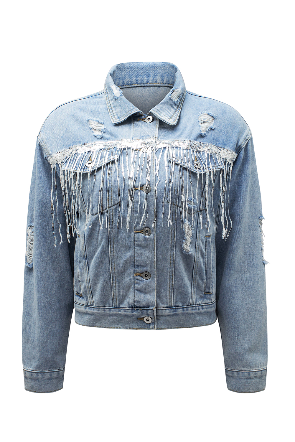 Sky Blue Sequin Embellished Fringe Distressed Denim Jacket - loveforevers