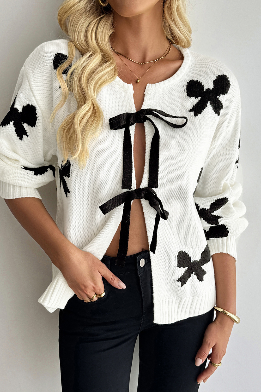 White Lace-up Bow Pattern Sweater Cardigan - loveforevers