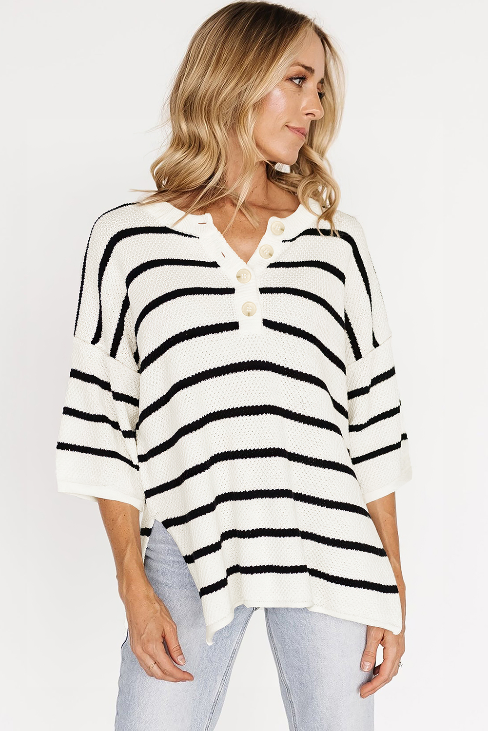 Black Stripe Henley Buttoned Placket Drop Shoulder Bracelet Sleeve Knit Sweater Tee - loveforevers