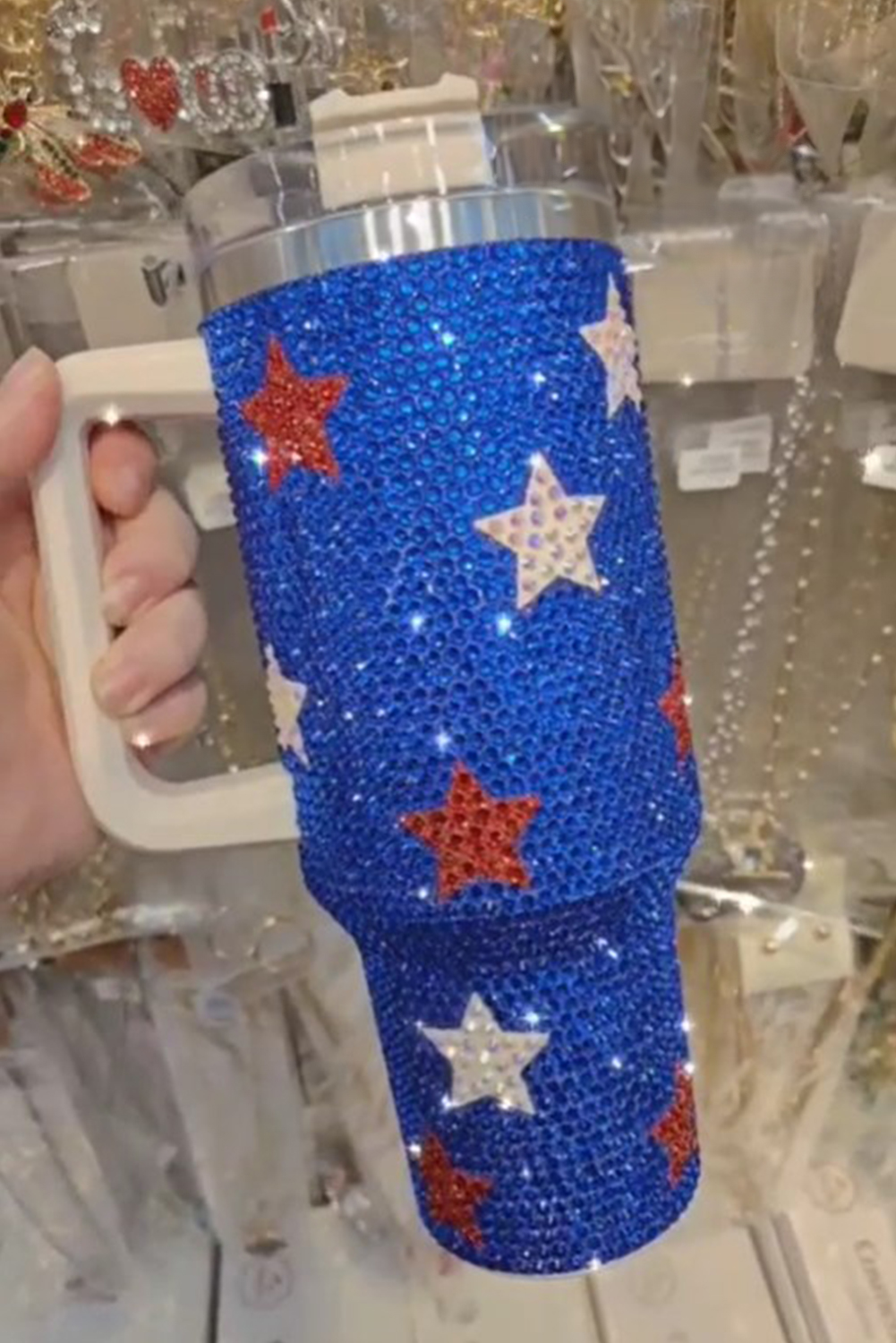 Dark Blue Star Shape Rhinestone Handle Large Vacuum Cup 40oz - loveforevers