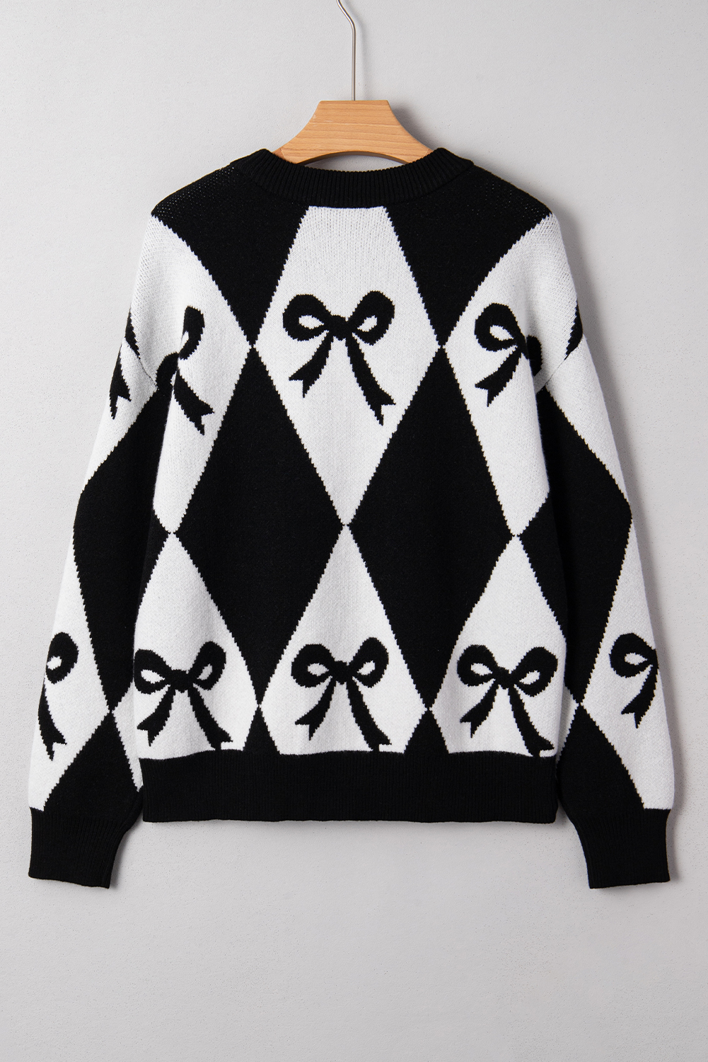 Black Bow Print 2-tone Rhombus Knit Loose Sweater - loveforevers
