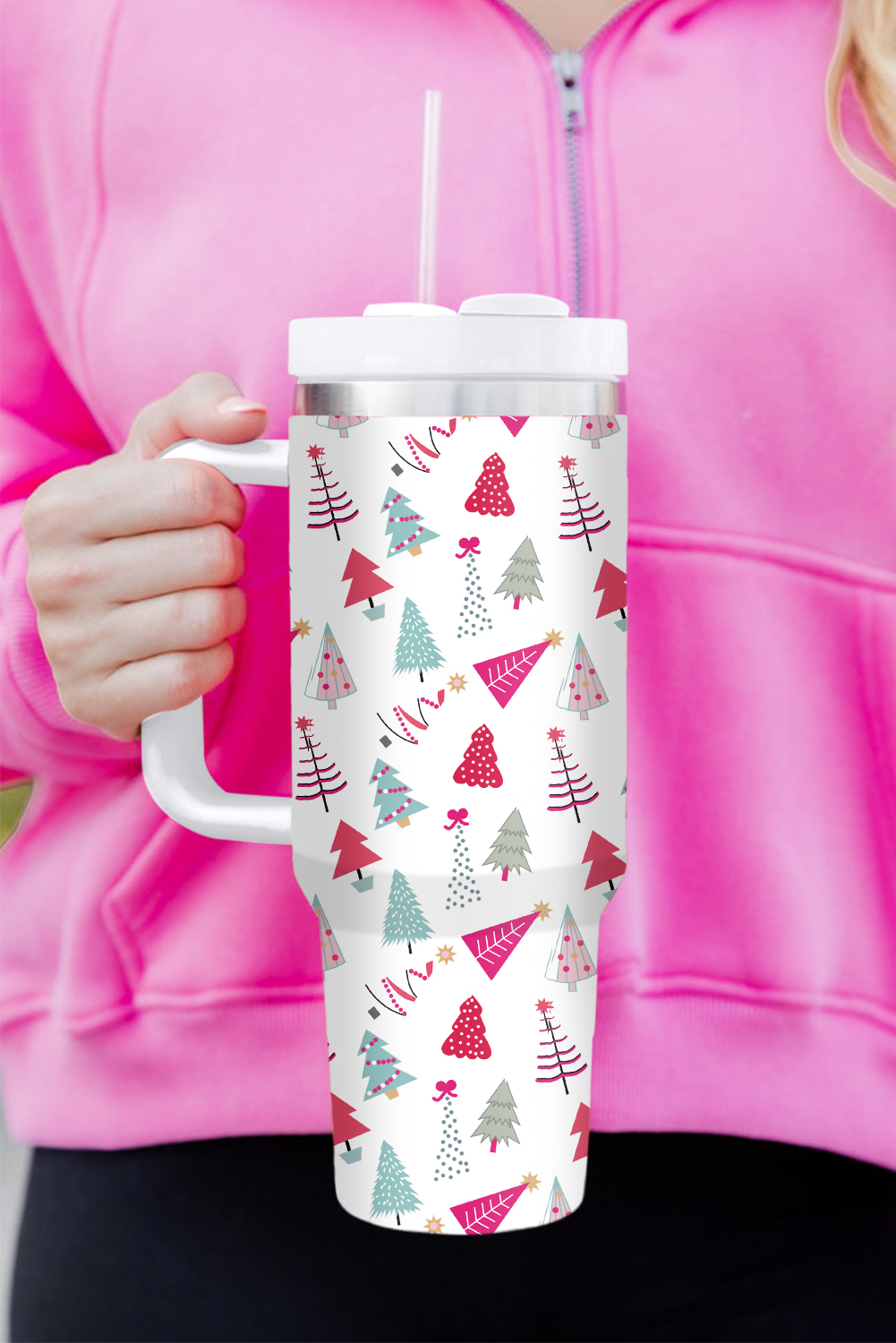 White Cartoon Christmas Tree Printed Thermos Cup 40oz - loveforevers