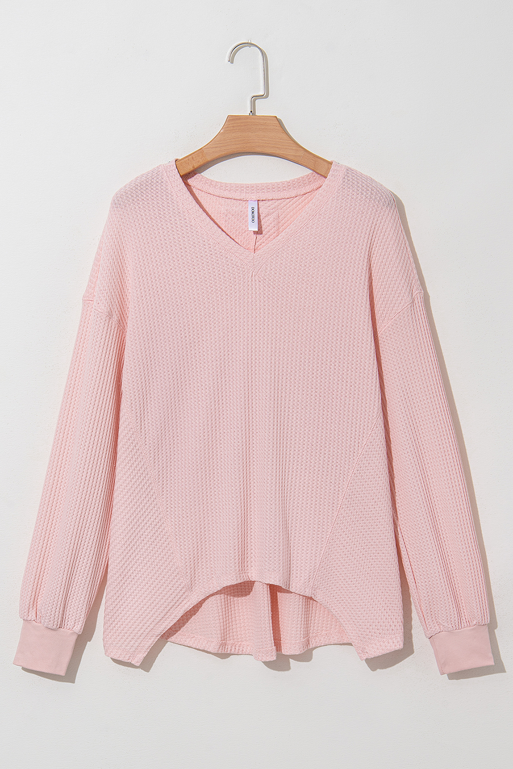 Light Pink Waffle V Neck Long Sleeve Drop Shoulder Loose Blouse - loveforevers
