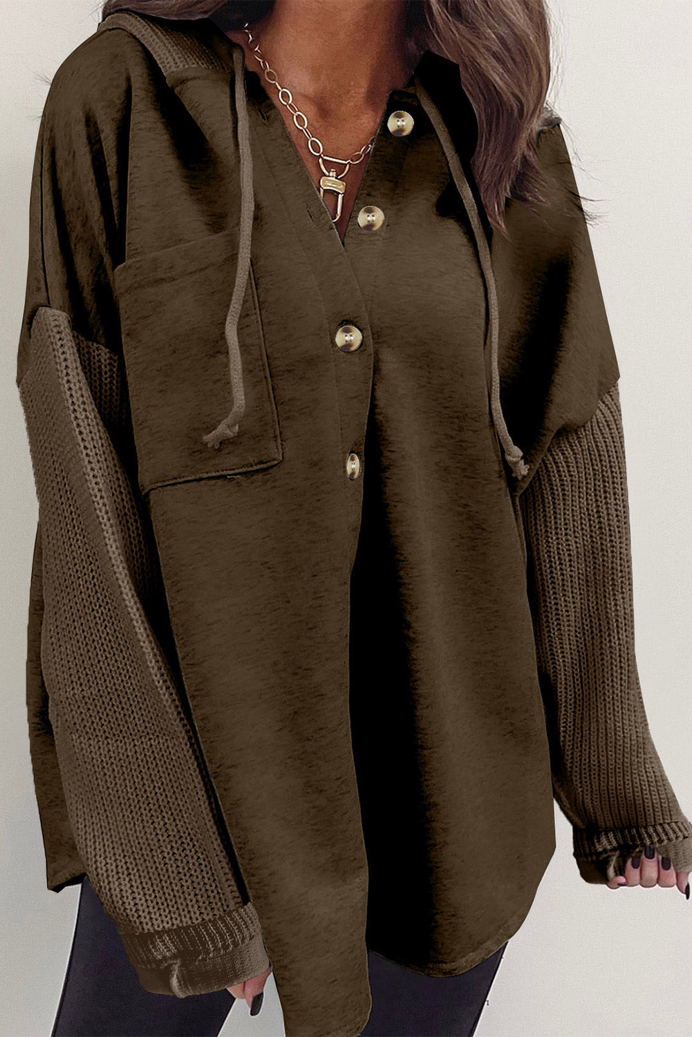 Dark Brown Button Up Contrast Knitted Sleeves Hooded Jacket - loveforevers