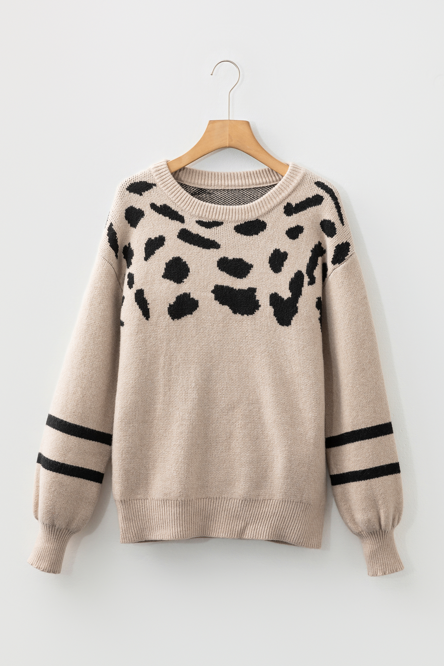 Khaki Leopard Striped Detail Drop Shoulder Sweater - loveforevers