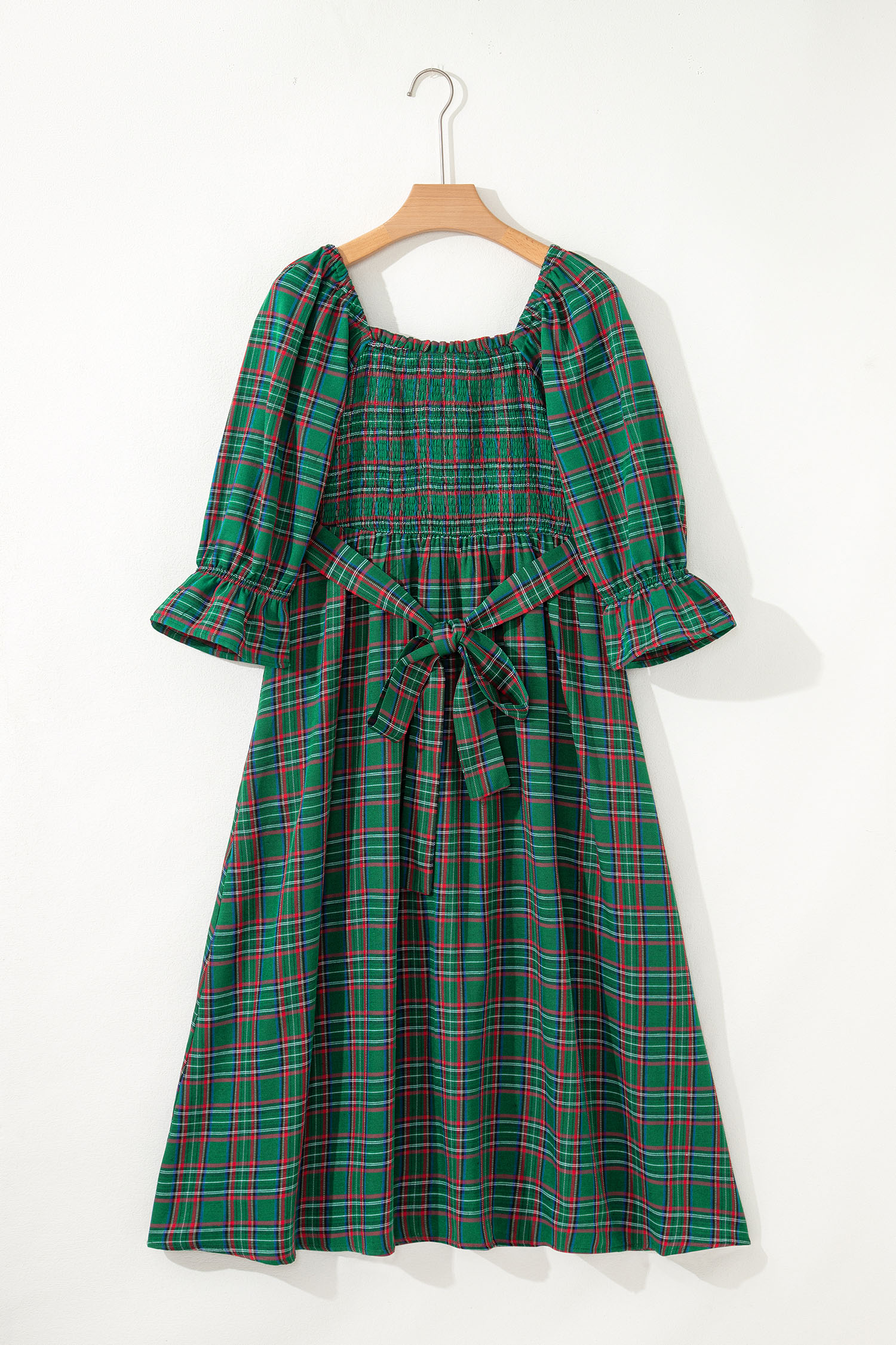 Red Tartan Plaid Square Neck Puff Sleeve Knot Waist Flared Midi Dress - loveforevers