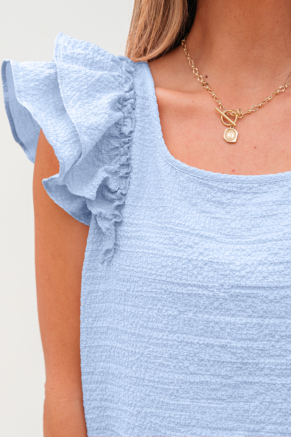 Beau Blue Textured Bow Knot Frilled Butterfly Sleeve Blouse - loveforevers