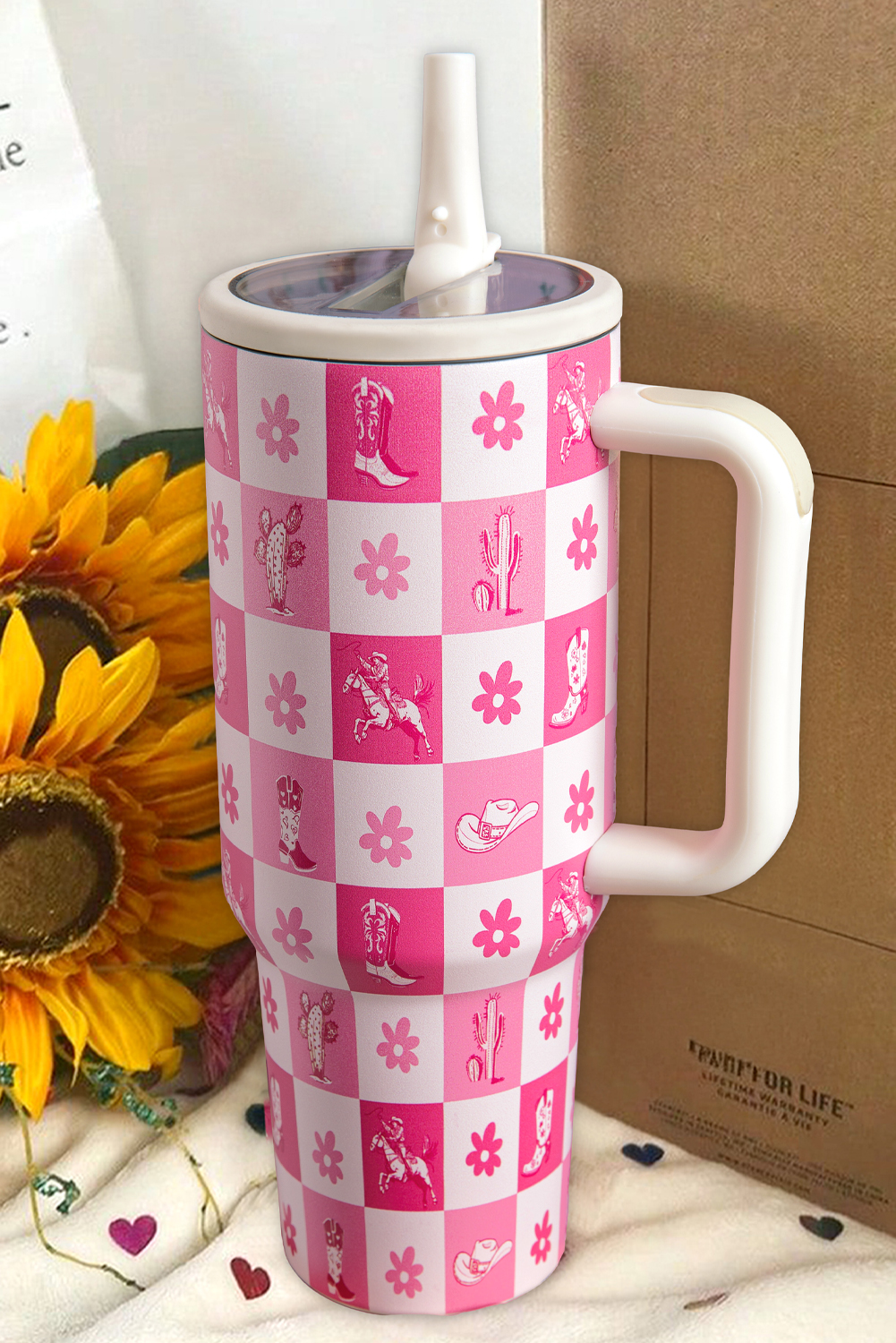 Rose Red Western Pattern Flower Checkered Print Insulated Tumbler 40OZ - loveforevers
