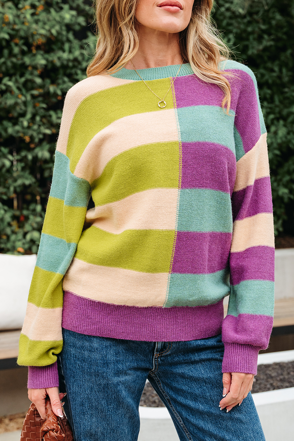 Green Stripe Drop Shoulder Ribbed Edge Casual Sweater - loveforevers