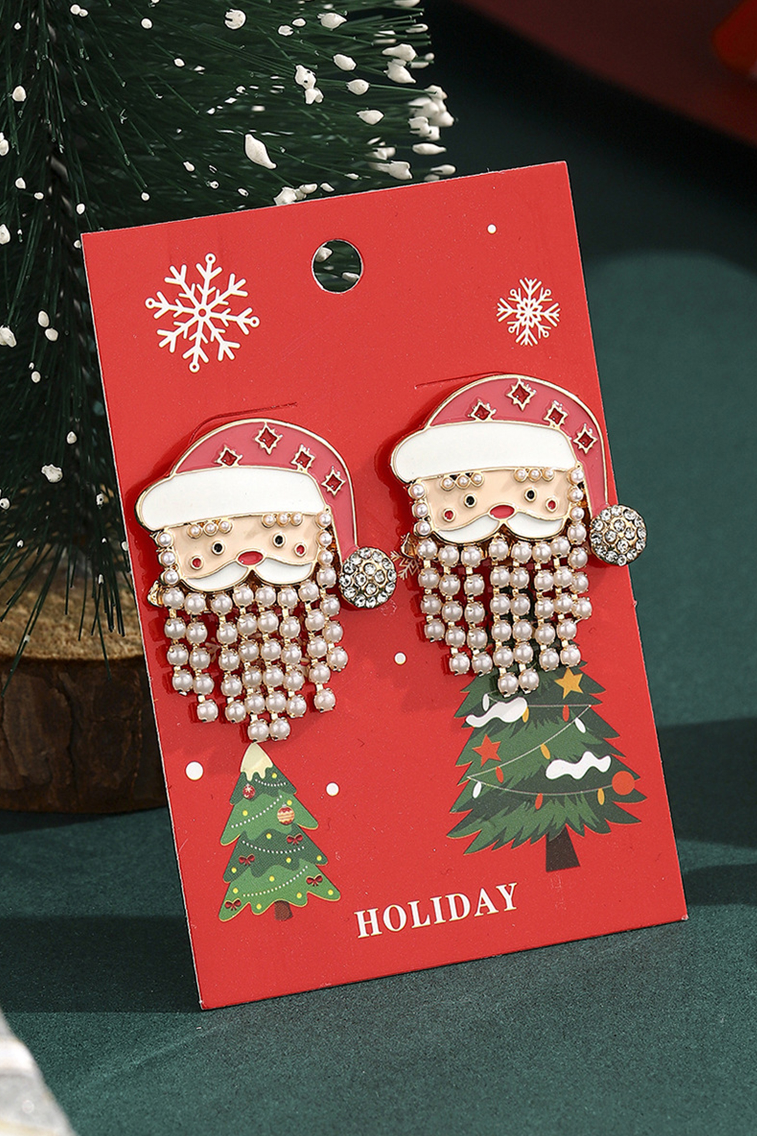 Fiery Red Pearl Beard Rhinestone Embellished Santa Claus Earrings - loveforevers