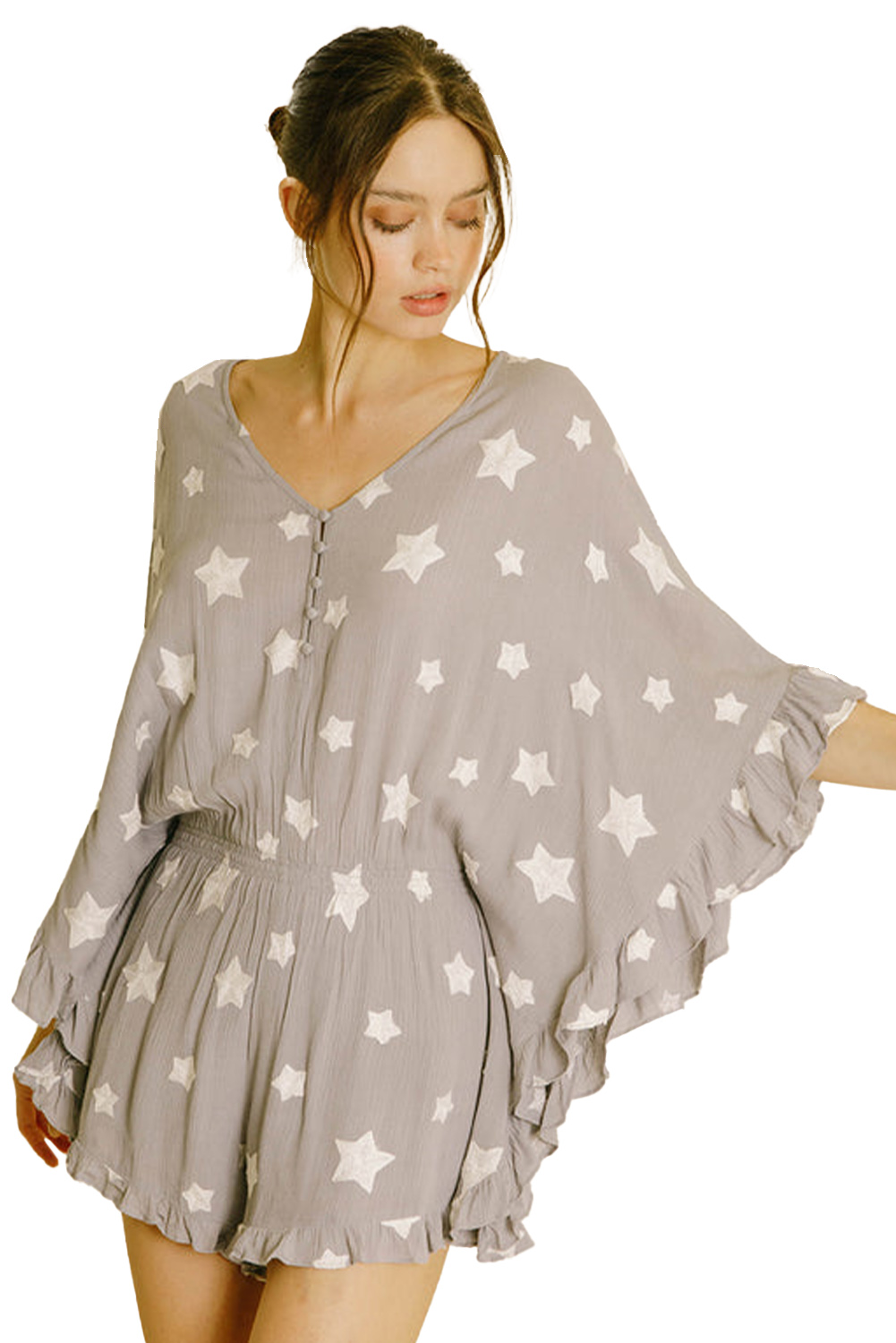 Gray Star Print Crinkle Textured Kimono Ruffle Sleeve Romper - loveforevers