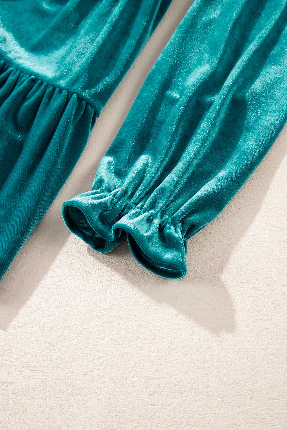 Sea Green Velvet V Neck Peplum Hem Puff Sleeve Blouse - loveforevers