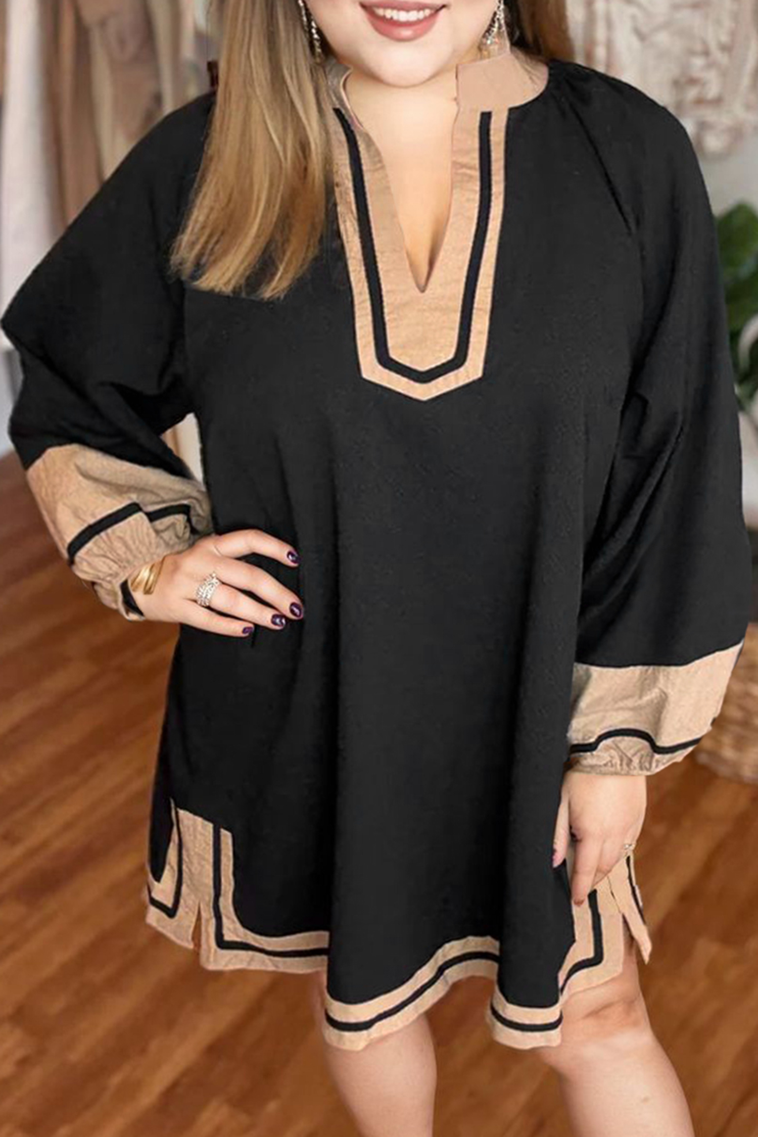 Black Plus Size Color Block Striped Trim V Neck Long Sleeve Shift Mini Dress - loveforevers