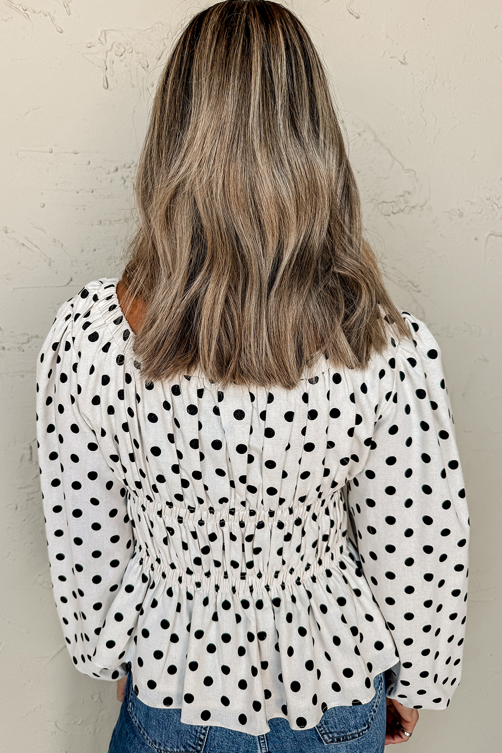 Black Polka Dot Puff Sleeve Bow Square Neck Peplum Top - loveforevers