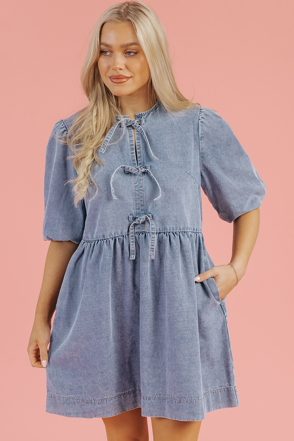 Dusk Blue Bowknot Bubble Sleeve Short Denim Dress - loveforevers