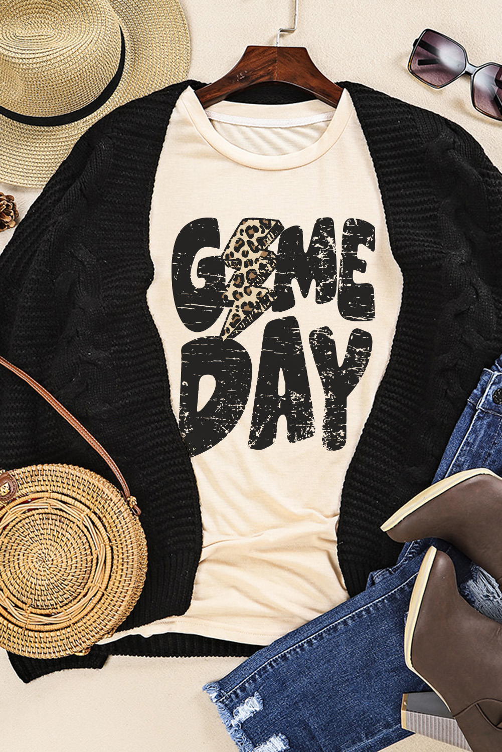 Khaki Game Day Rugby Football Season Leopard Lightning T Shirt - loveforevers