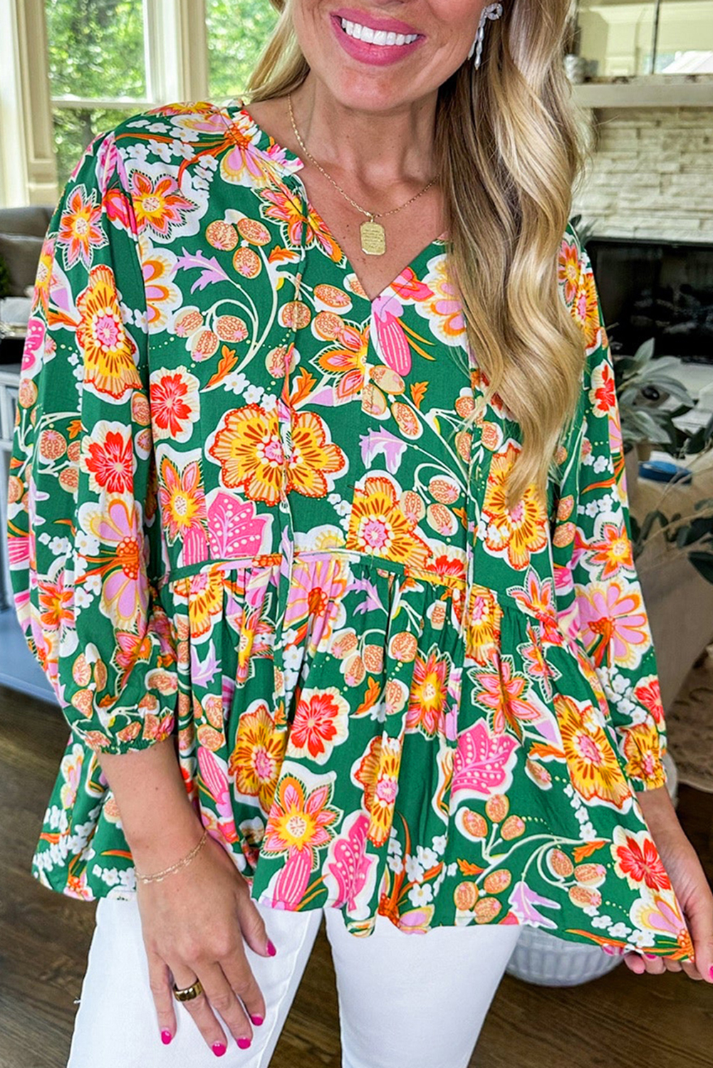 Green Floral Puff Sleeve V Neck Peplum Blouse - loveforevers