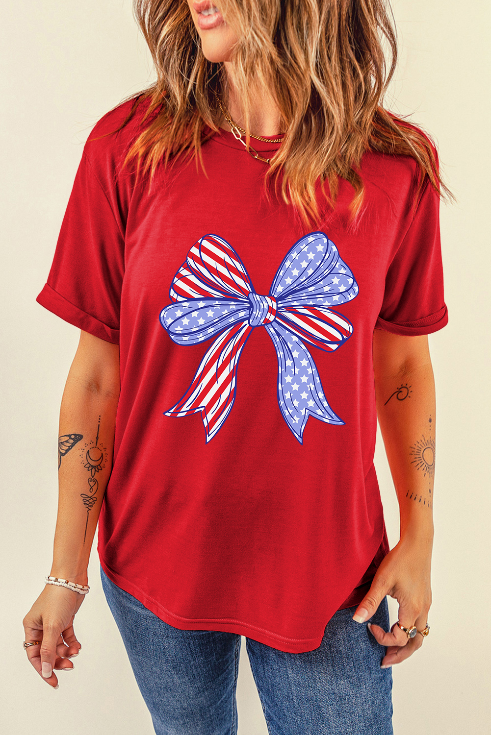 Red American Flag Bow Knot Print Crew Neck T Shirt - loveforevers