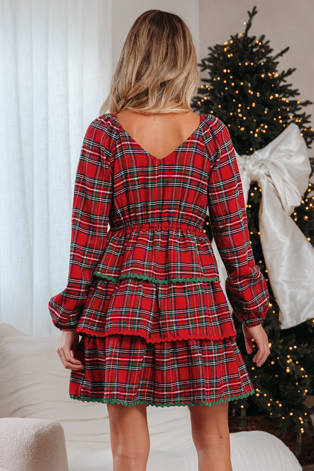 Red Plaid Print Ricrac Tiered Bubble Sleeve Mini Dress - loveforevers