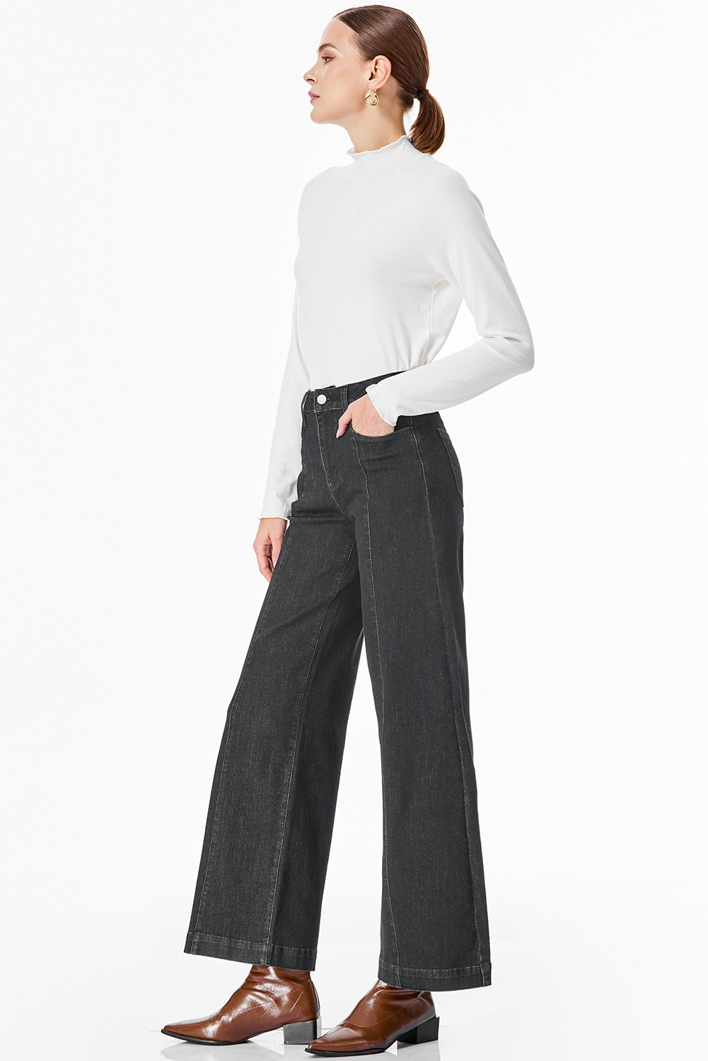 Black Plain Seam Detail Flared Bottom Ankle Length Jeans - loveforevers