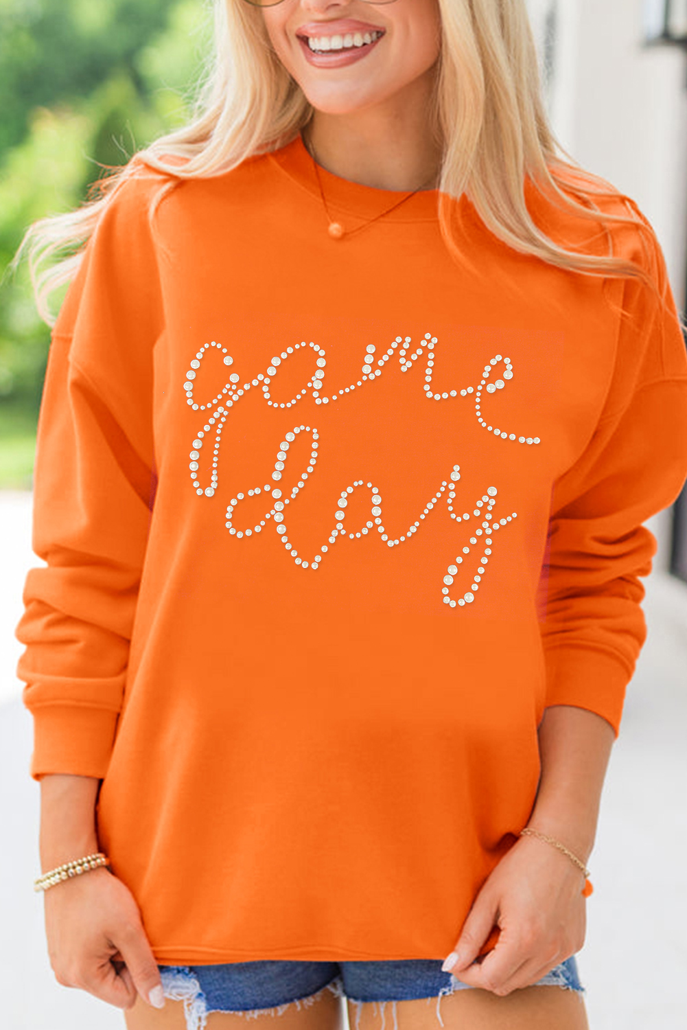 Orange Rhinestone game day Pattern Drop Shoulder Sweatshirt - loveforevers