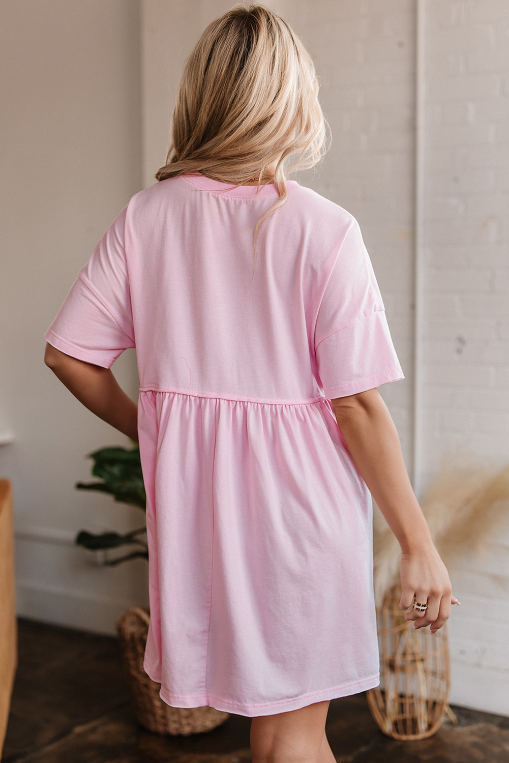 Light Pink Sequined Note Pattern Raw Edge Music Festival Babydoll T-shirt Dress - loveforevers