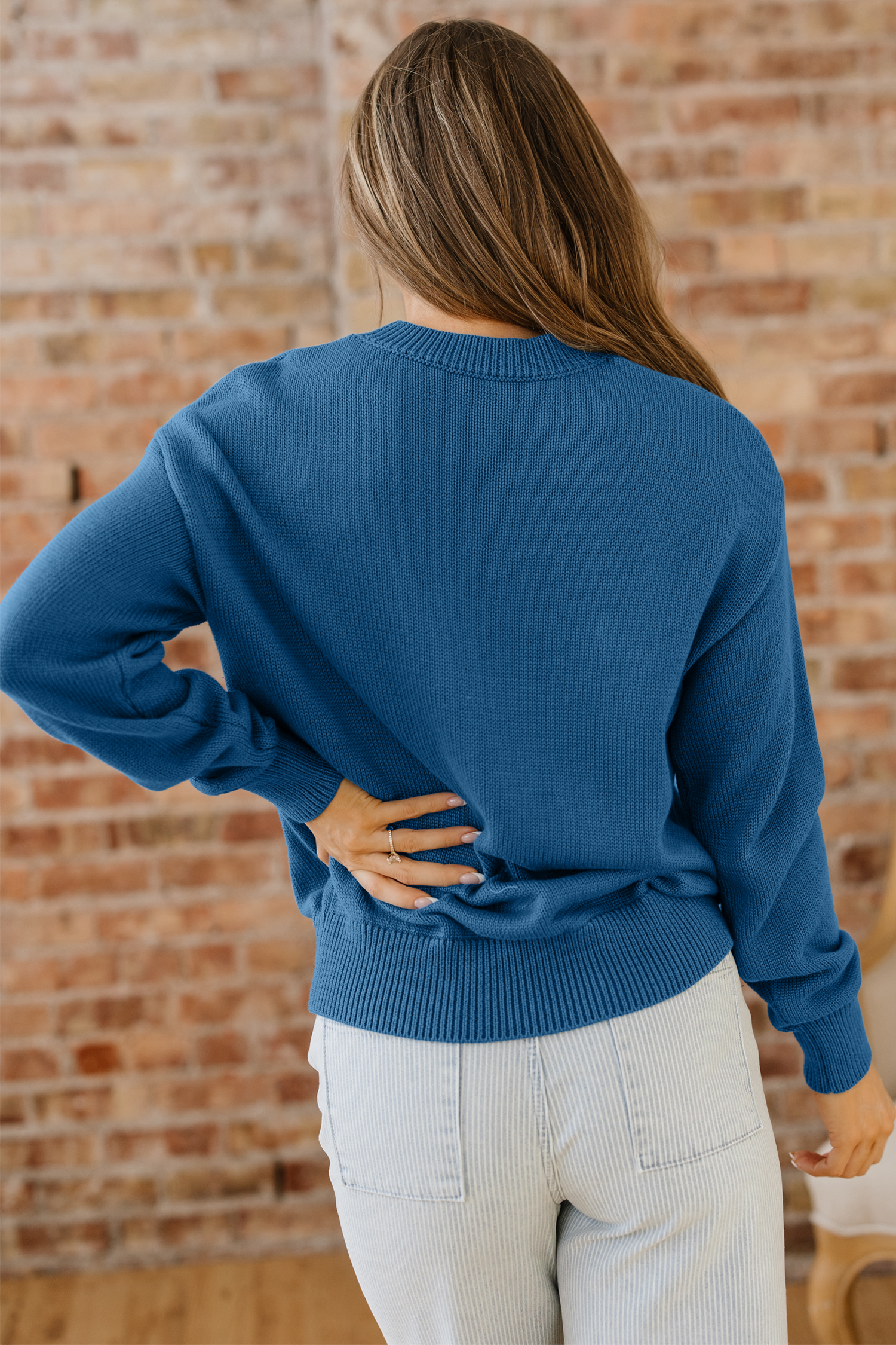 Dusk Blue Howdy Embroidered Graphic Western Sweater - loveforevers