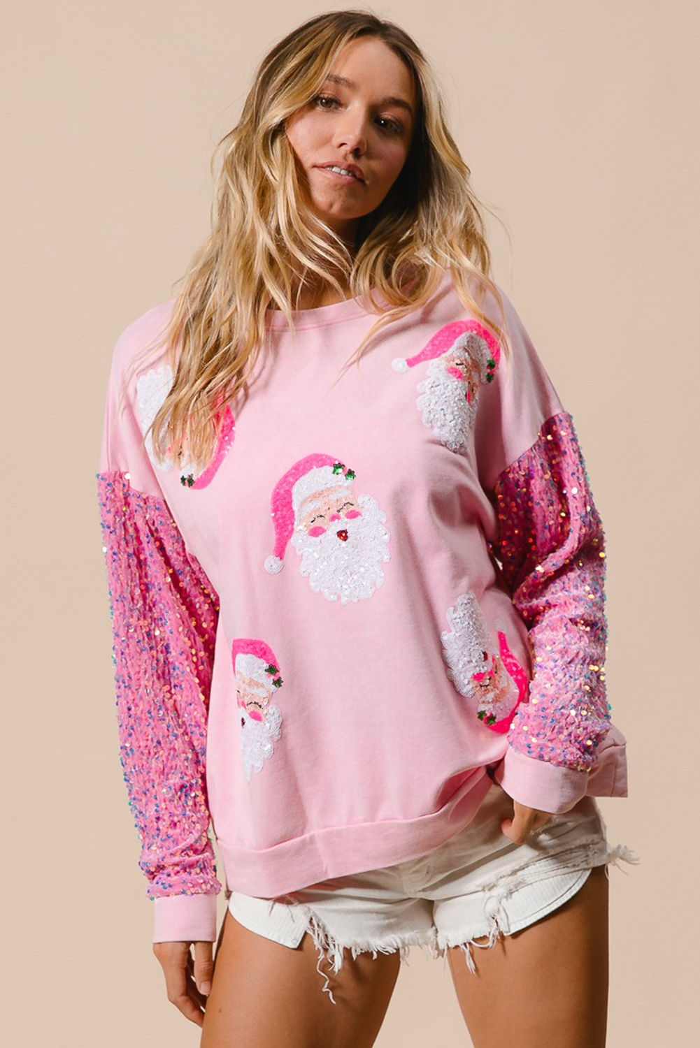 Moonlight Jade Sequined Santa Claus Long Sleeve Christmas Sweatshirt - loveforevers