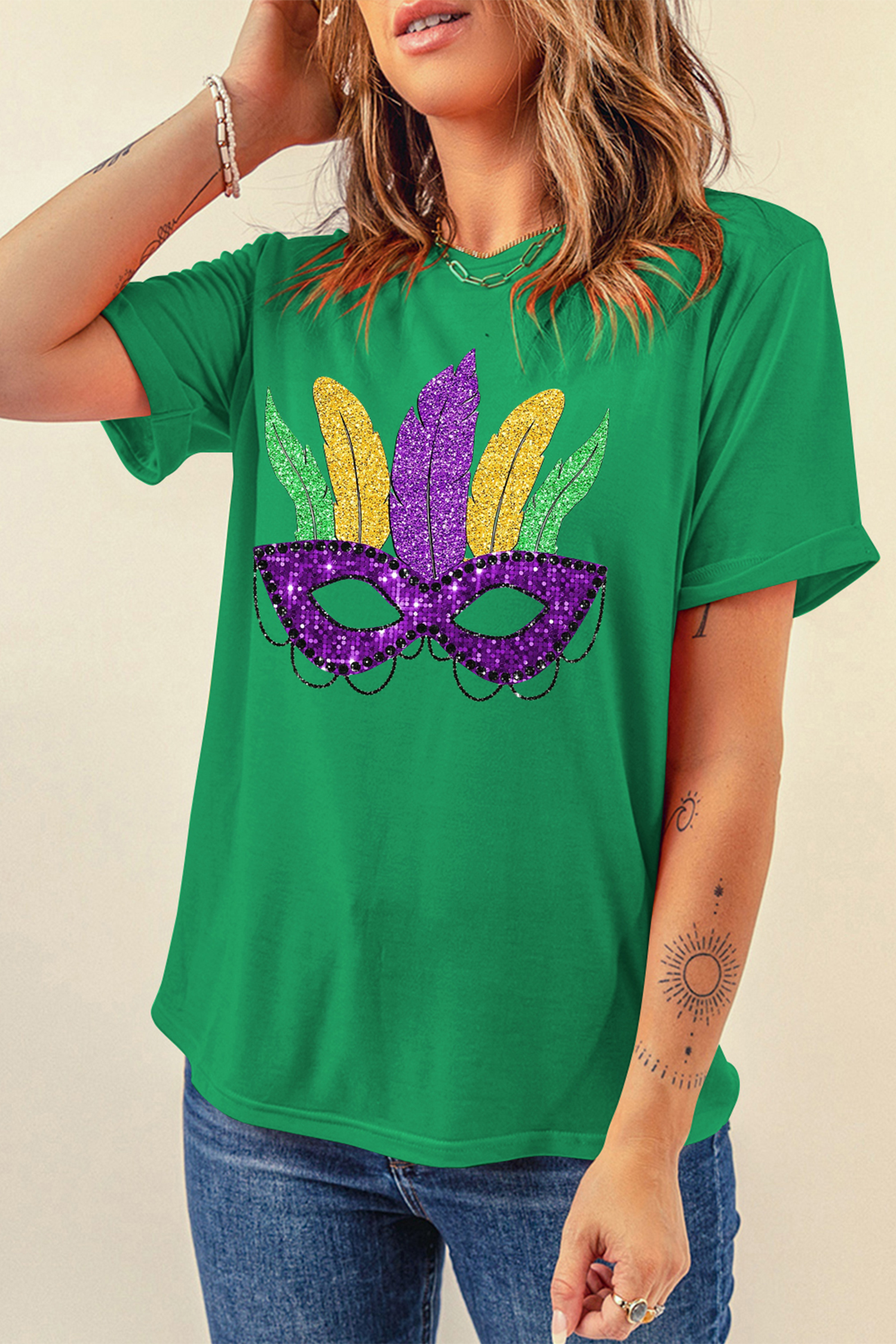 Bright Green Glitter Mardi Gras Mask Graphic T Shirt - loveforevers