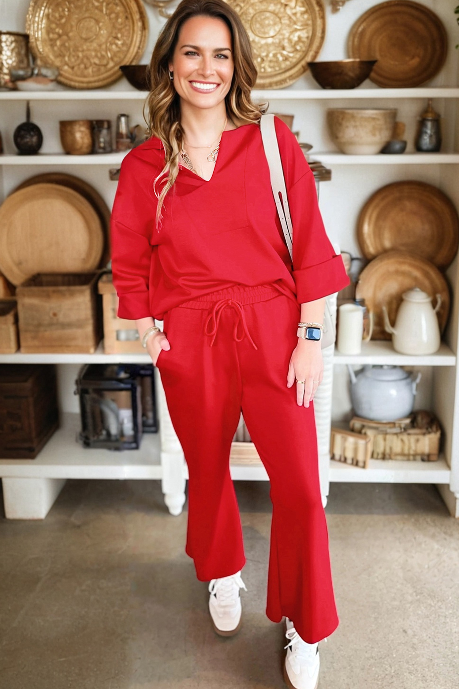 Fiery Red Polo Collar V Neck 3/4 Sleeve Pullover Drawstring Bell Bottom Pants 2pcs Set - loveforevers