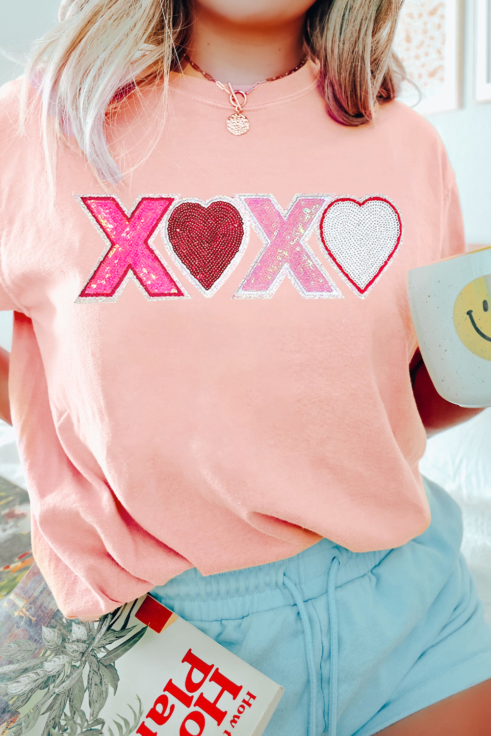 Pink Sequin Heart XOXO Patched Graphic Valentines T Shirt - loveforevers