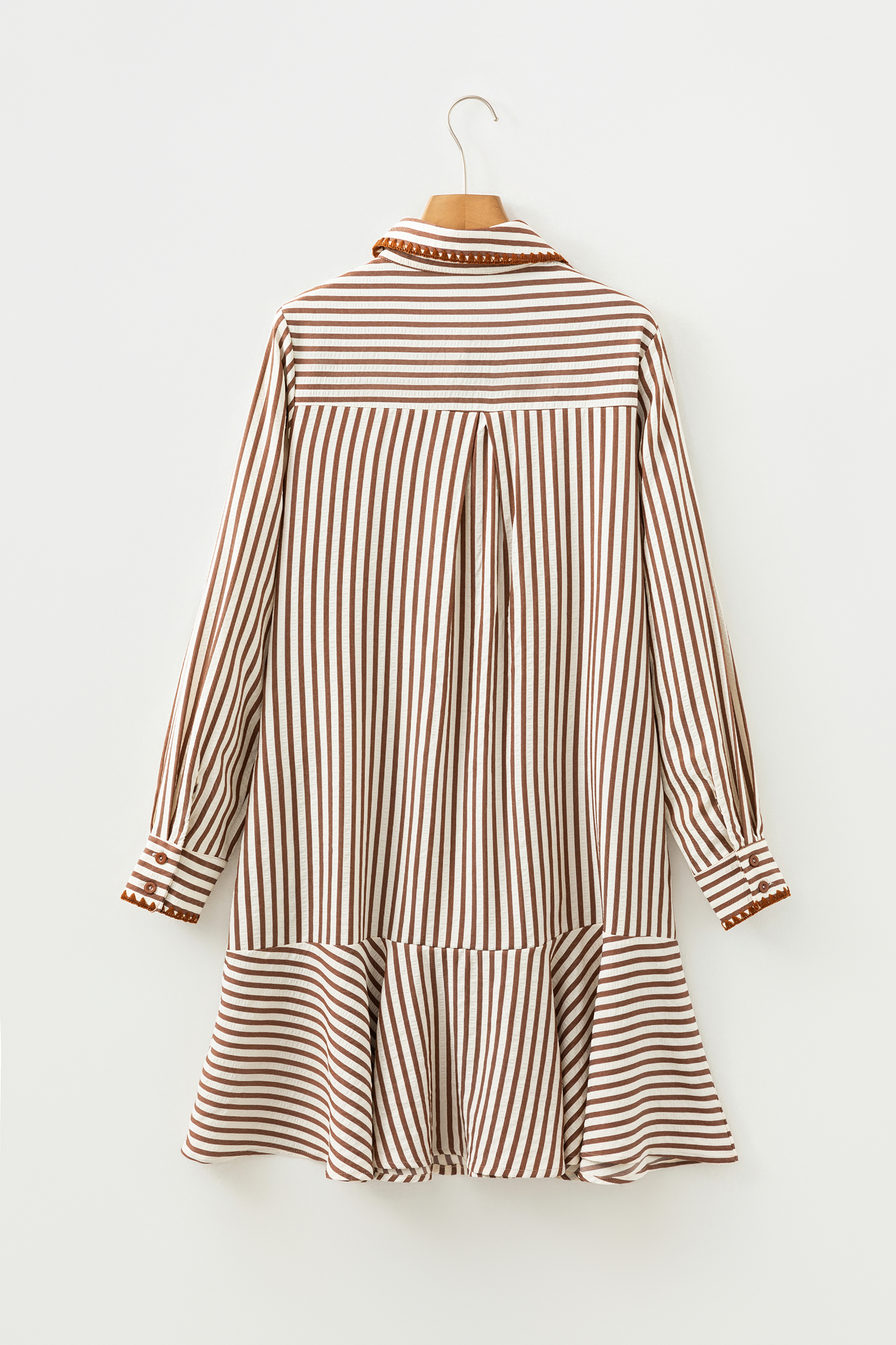 Khaki Stripe Shirt Collar Embroidered Trim Ruffle Hem Long Sleeve Mini Dress - loveforevers
