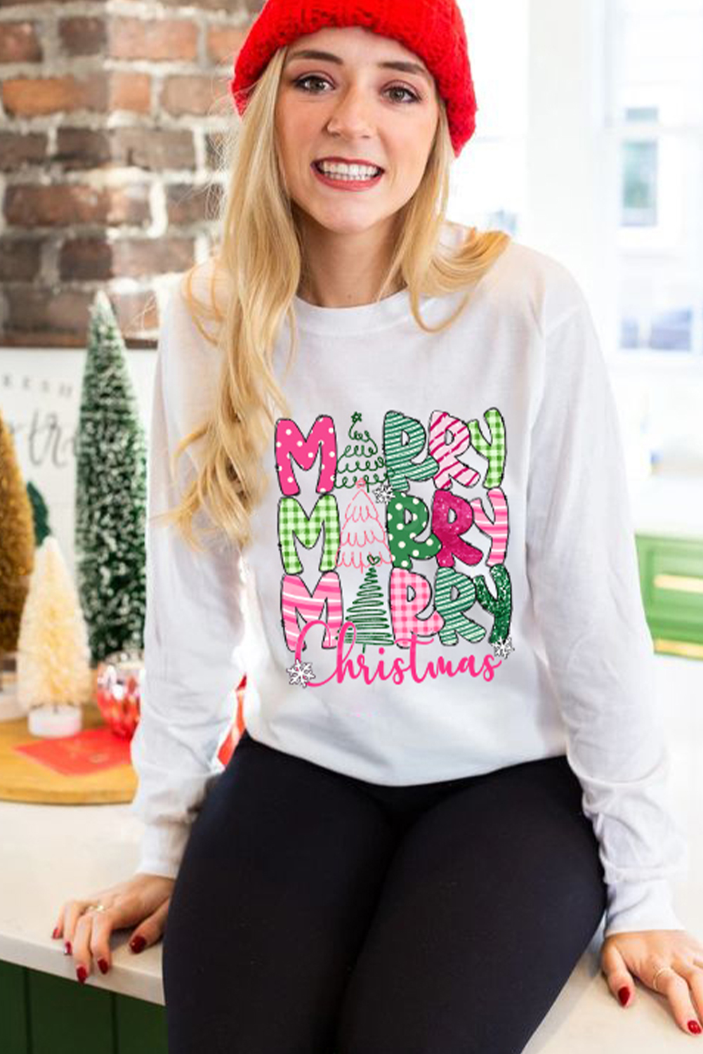 Beige MERRY Christmas Printed Drop Shoulder Pullover Sweatshirt - loveforevers