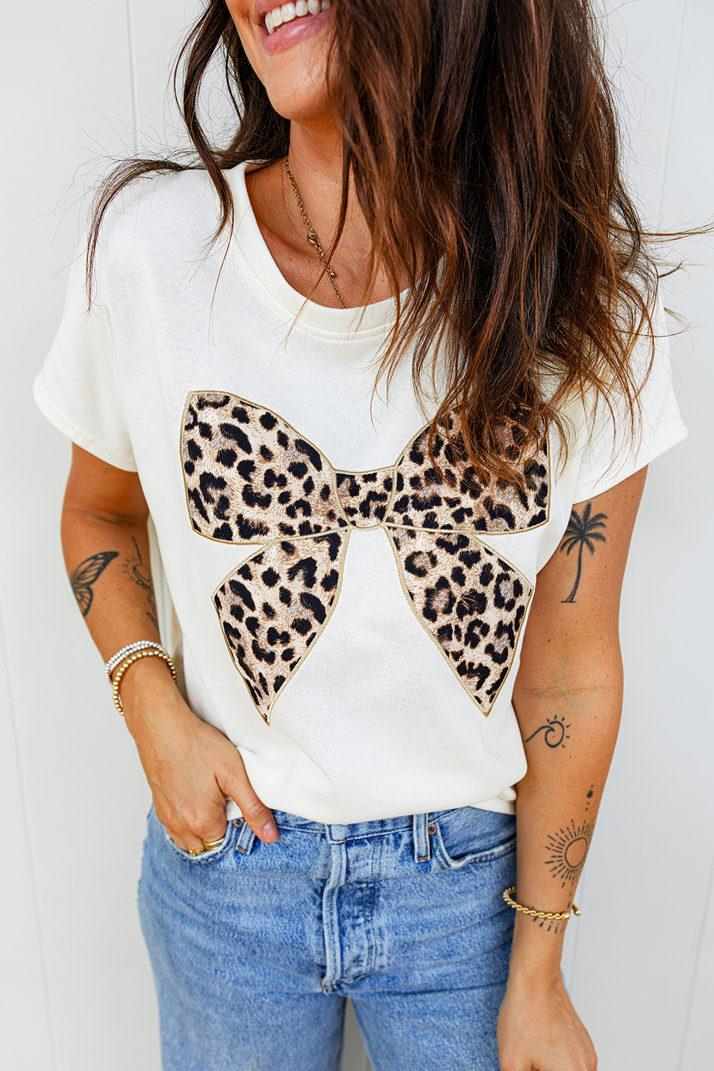 Pink Leopard Bow Embroidered Cotton Round Neck T Shirt - loveforevers