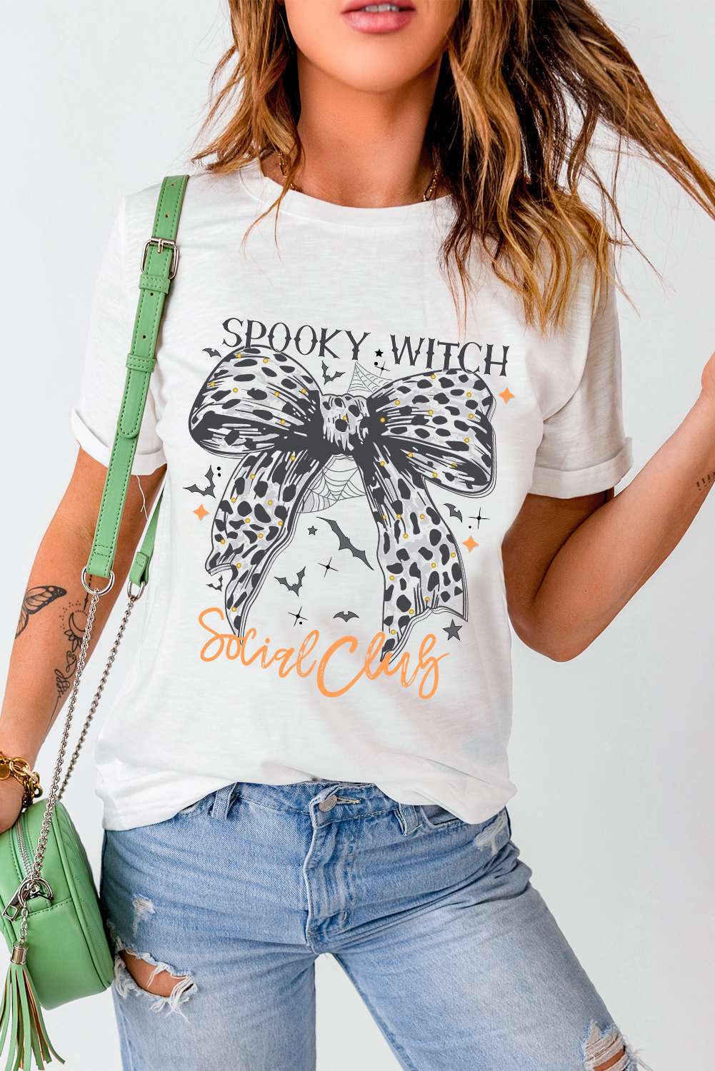 White SPOOKY WITCH Leopard Bowknot Bat Graphic Halloween T Shirt - loveforevers