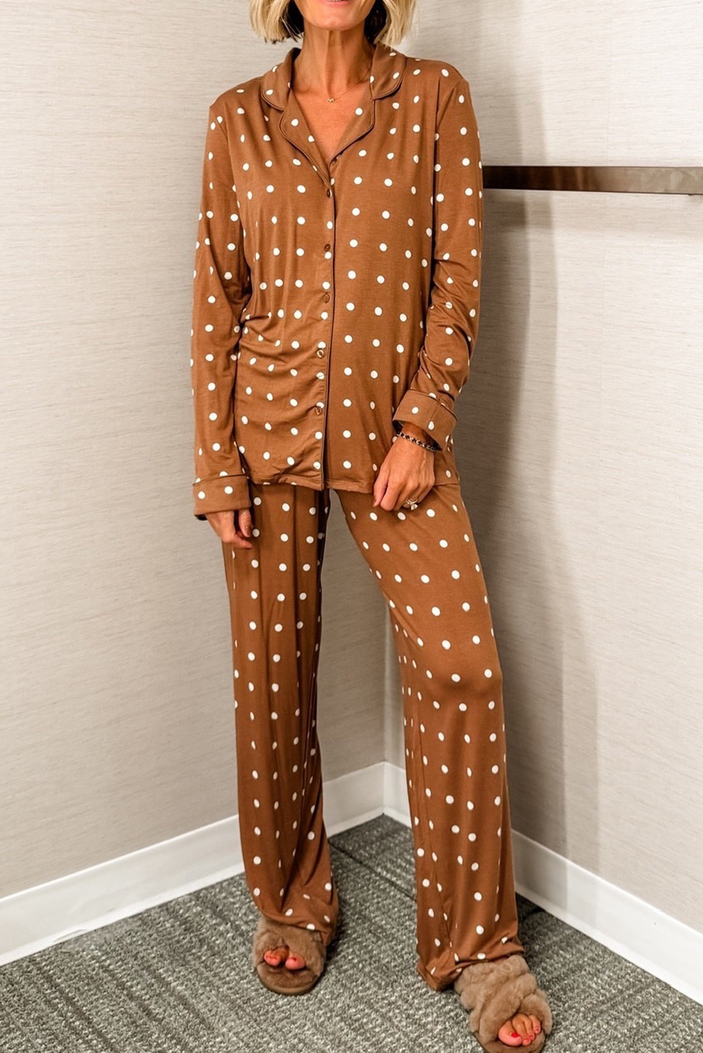 Brown Polka Dot Print Long Sleeve Shirt Pant 2pcs Pajama Set - loveforevers