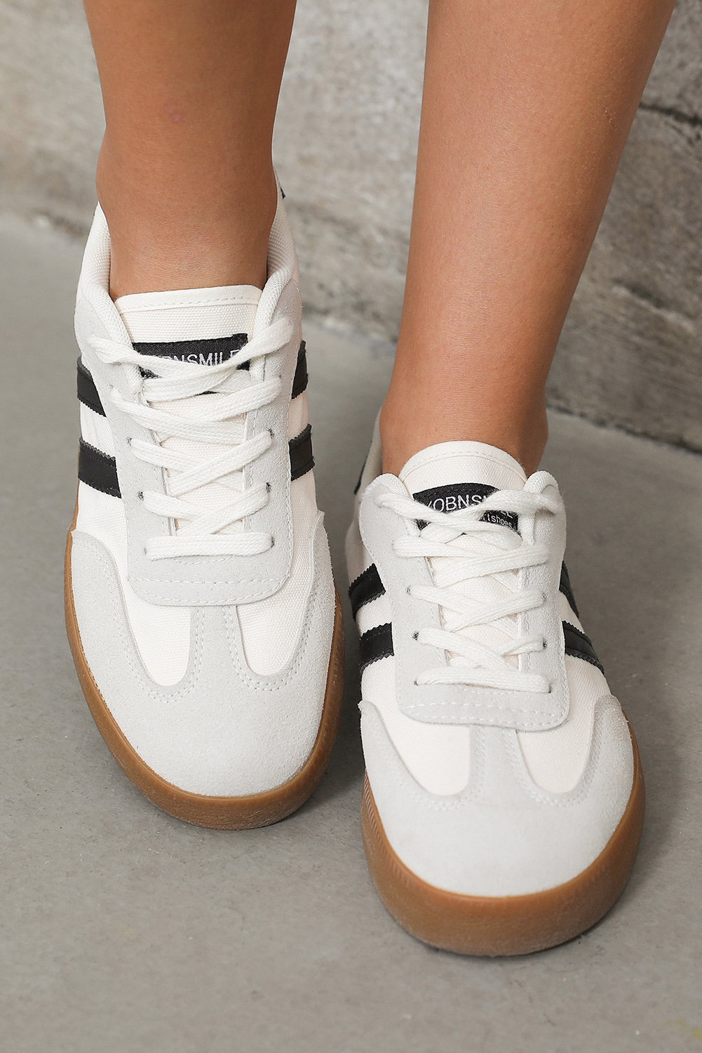 White Striped Lace-up Flat Sneakers - loveforevers