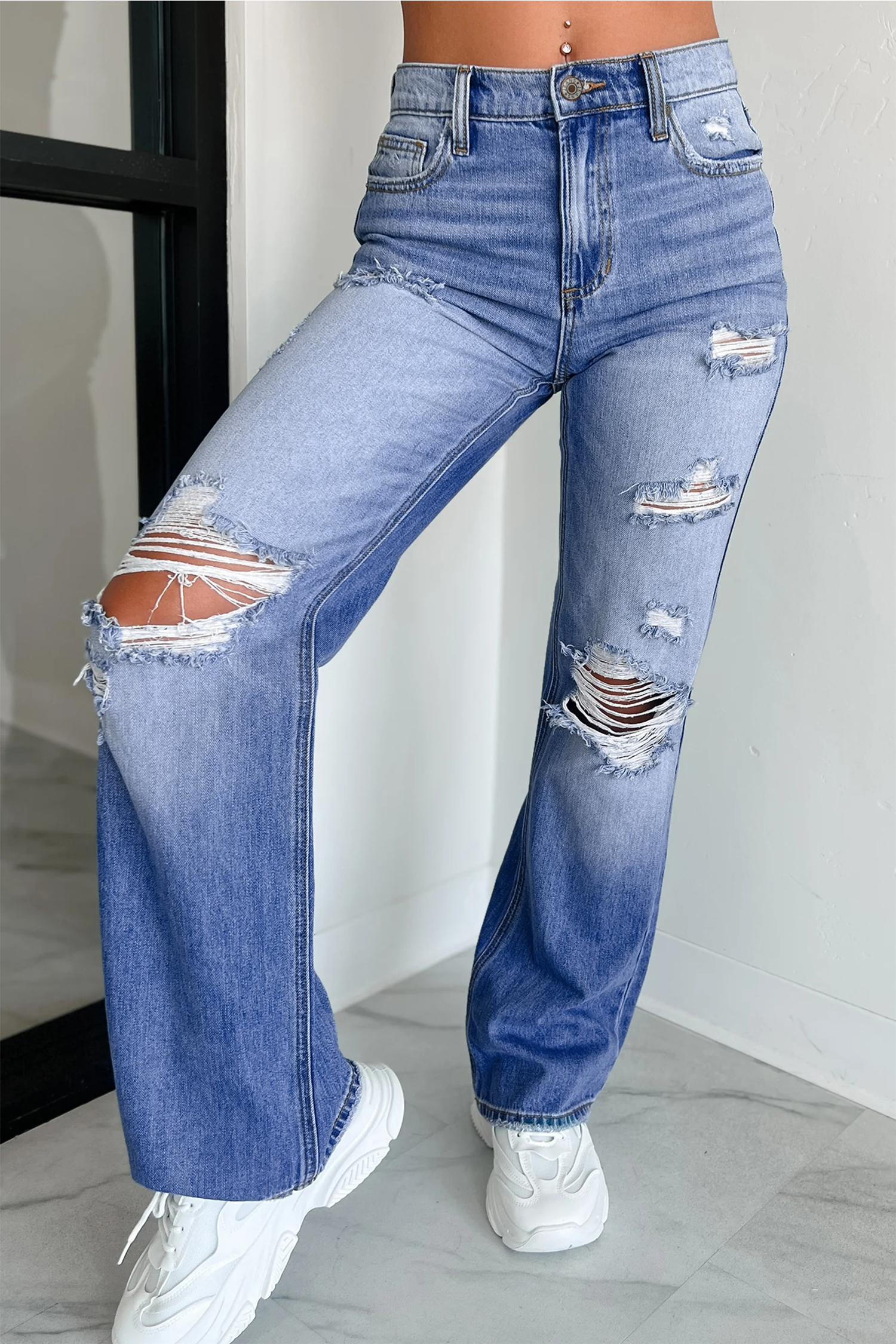 Myosotis Mid Rise Distressed Sneak Peek Straight Leg Jeans - loveforevers