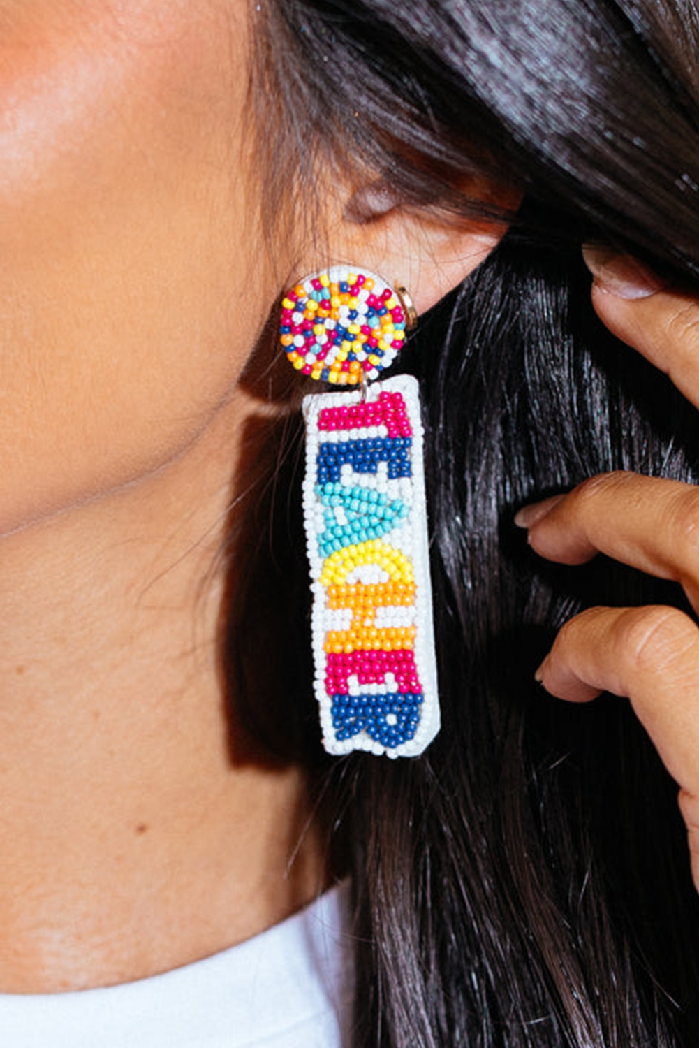 White TEACHER Rice Bead Dangle Earrings - loveforevers