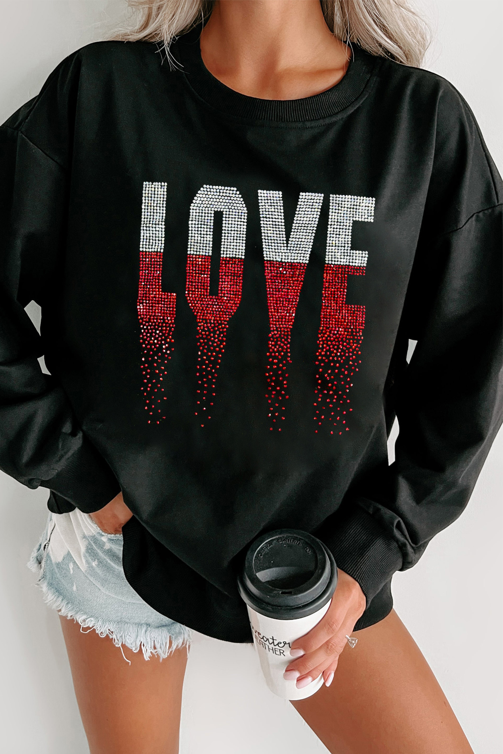 Black Rhinestone LOVE Graphic Crewneck Valentines Sweatshirt - loveforevers