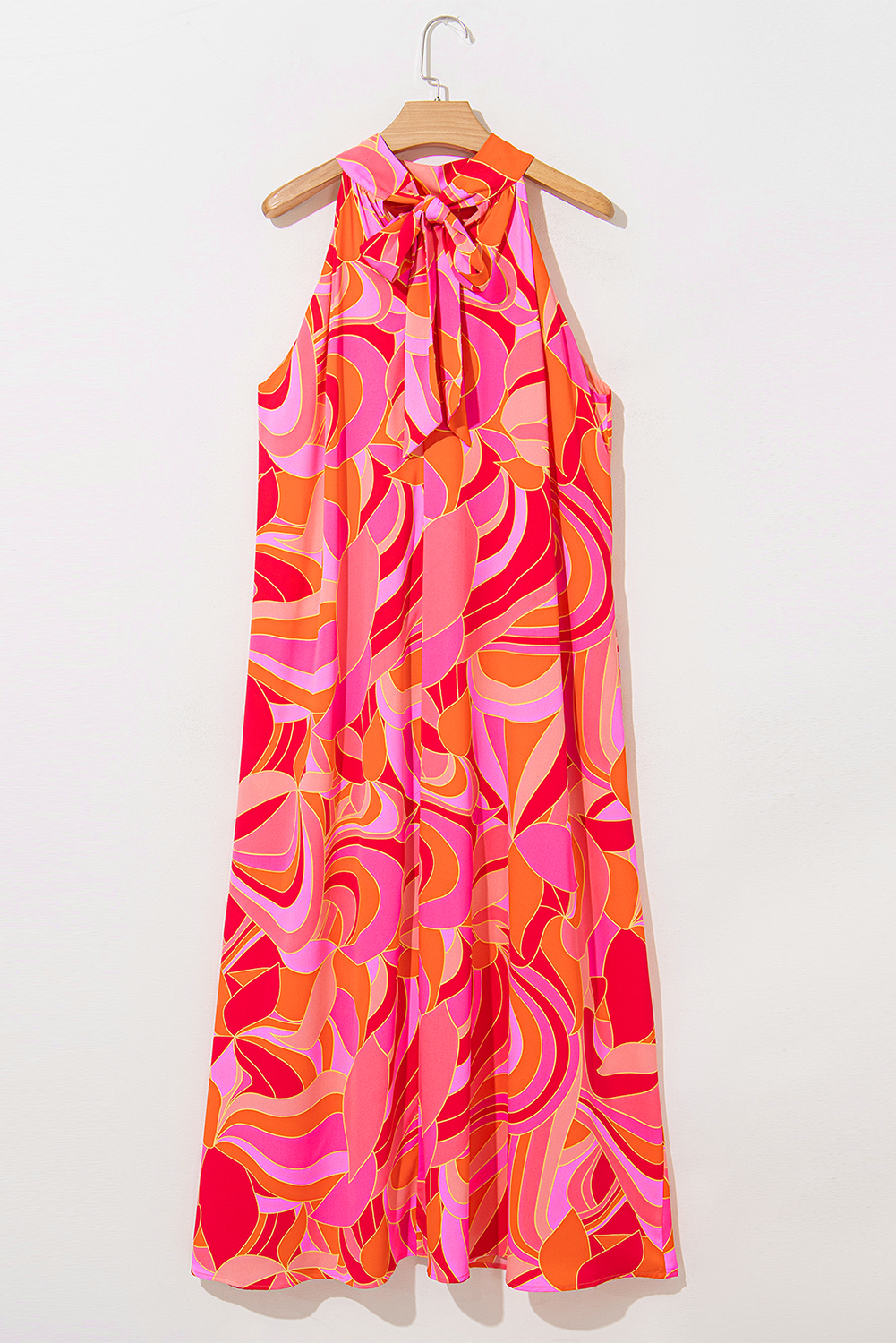 Rose Abstract Printed High Neck Knotted Nape Sleeveless Maxi Dress - loveforevers