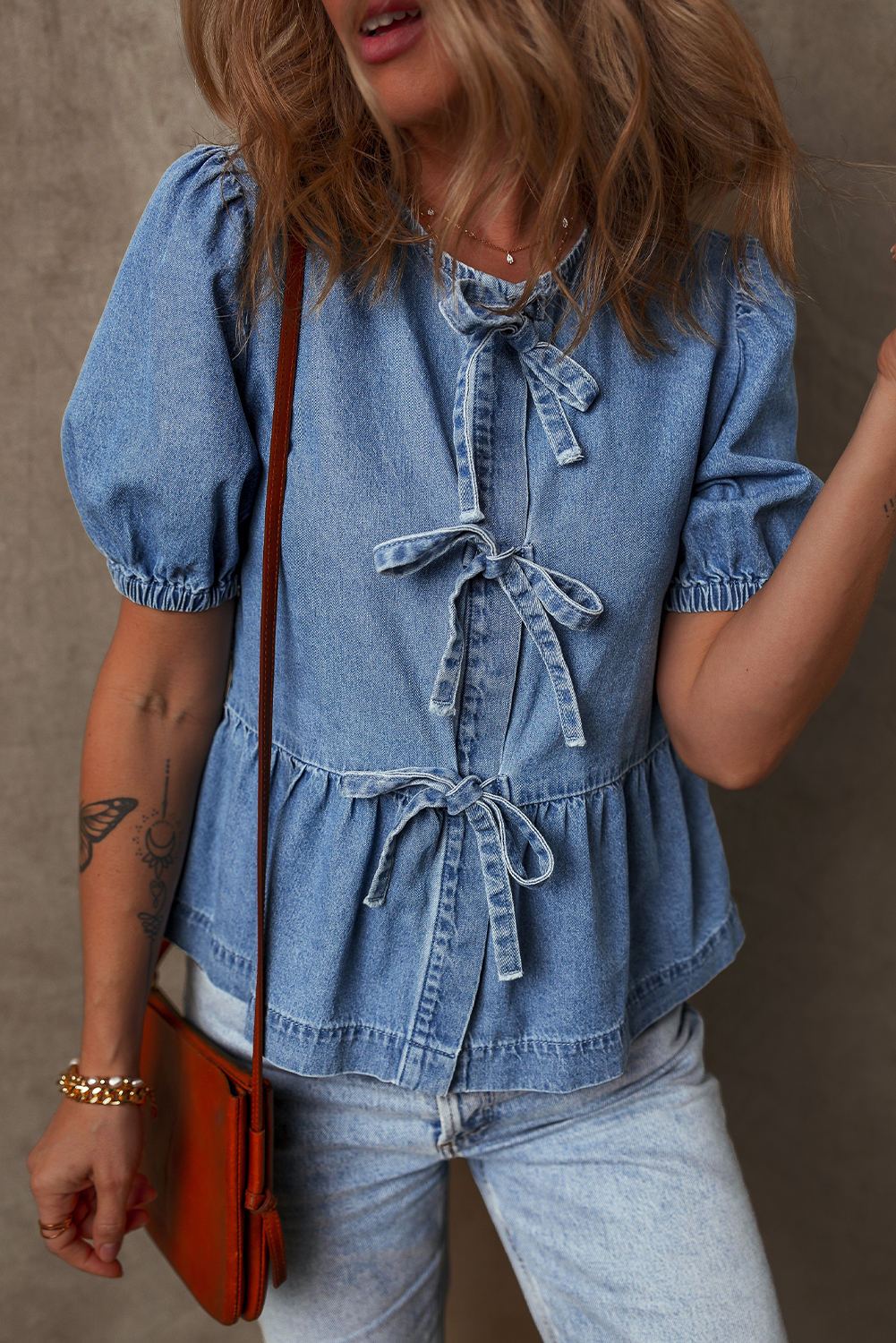 Dusk Blue Tied Front Bubble Sleeve Peplum Denim Shirt - loveforevers