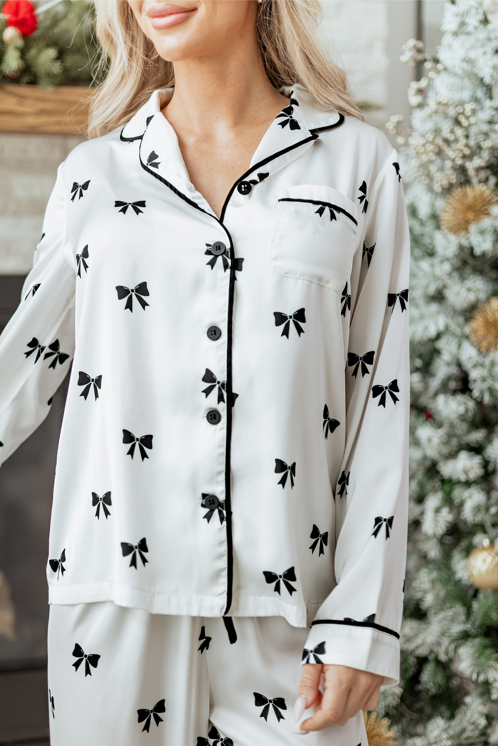 White Bows Print Two Piece Sleepwear - loveforevers